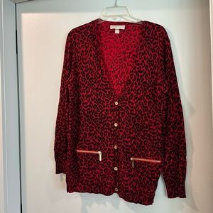 Michael Kors red leopard cardigan with gold zippers